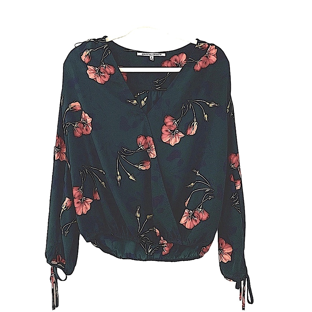 Navy Blue Floral Wrap Front Top with Tie Sleeves. Size SMALL